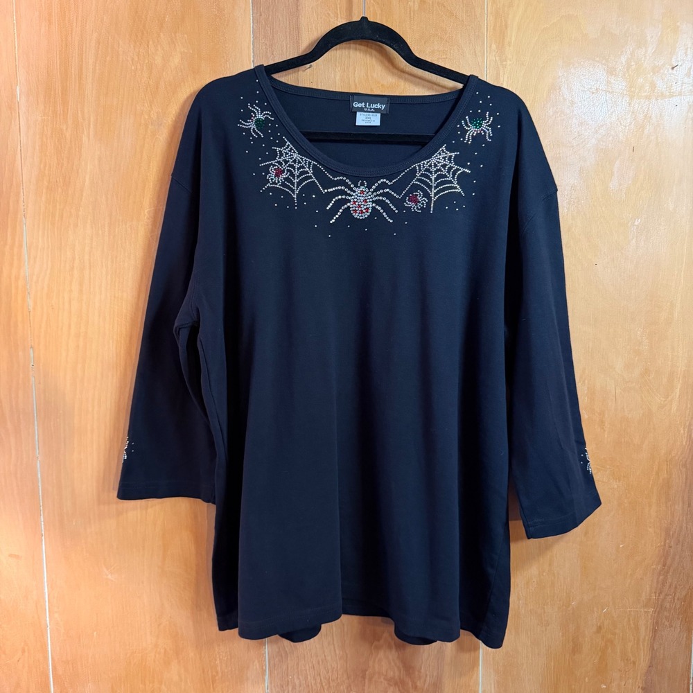Get Lucky USA Womens 3XL Black Rhinestone Spider Web Halloween Top Shirt